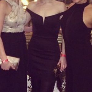 Off the shoulder black neoprene cocktail dress